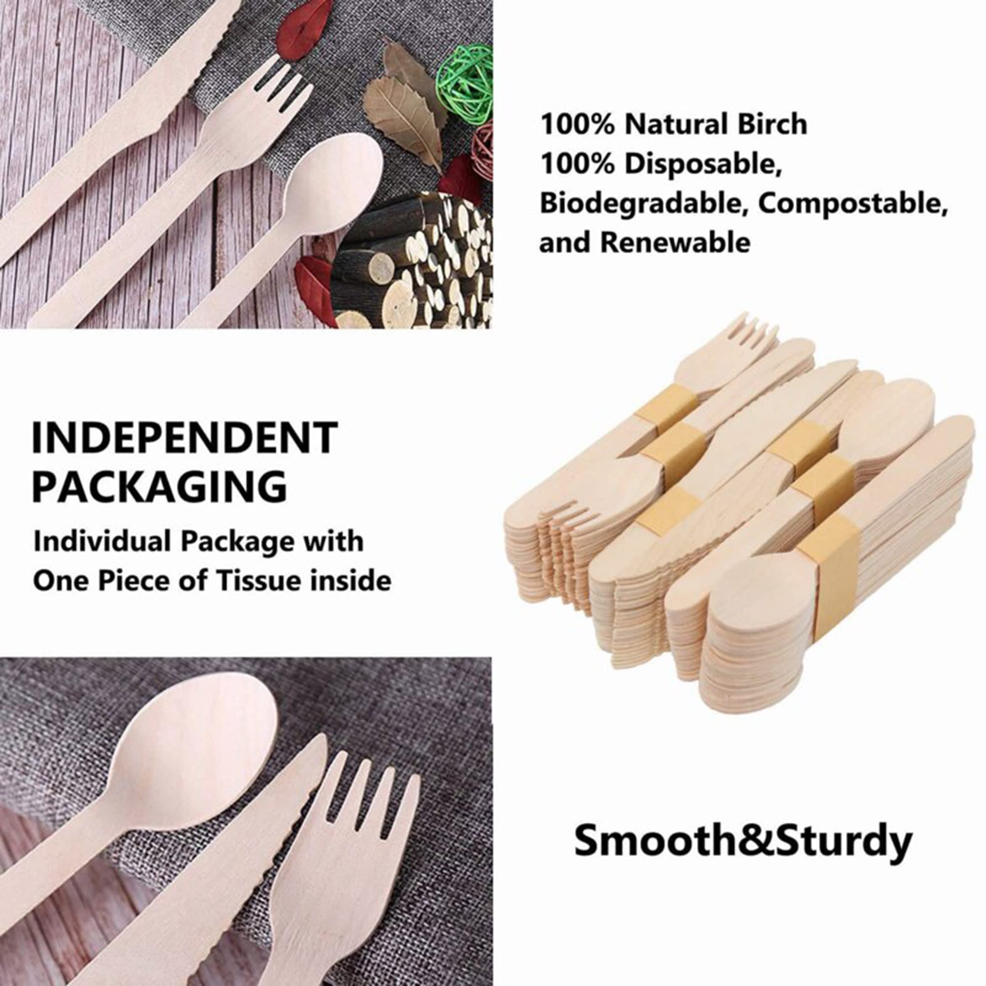300-Piece Eco-Friendly Wooden Cutlery Set - 100 Forks, 100 Knives & 100 Spoons | Biodegradable Disposable Utensils for Parties, Picnics & Catering Events | Perfect for 100 Guests