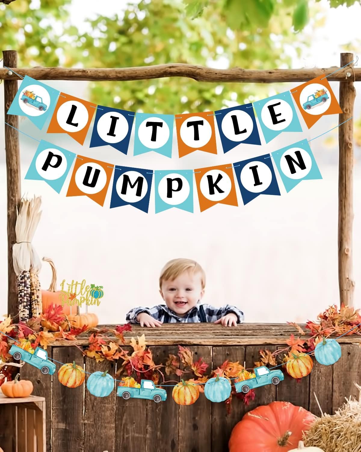 Blue & Gold Glitter Pumpkin Decorations - Baby Shower Garland, Cake Toppers & Latex Balloons for Fall Birthday, Thanksgiving Party Supplies | Perfect for Autumn Celebrations, Nursery Decor and Seasonal Festivities