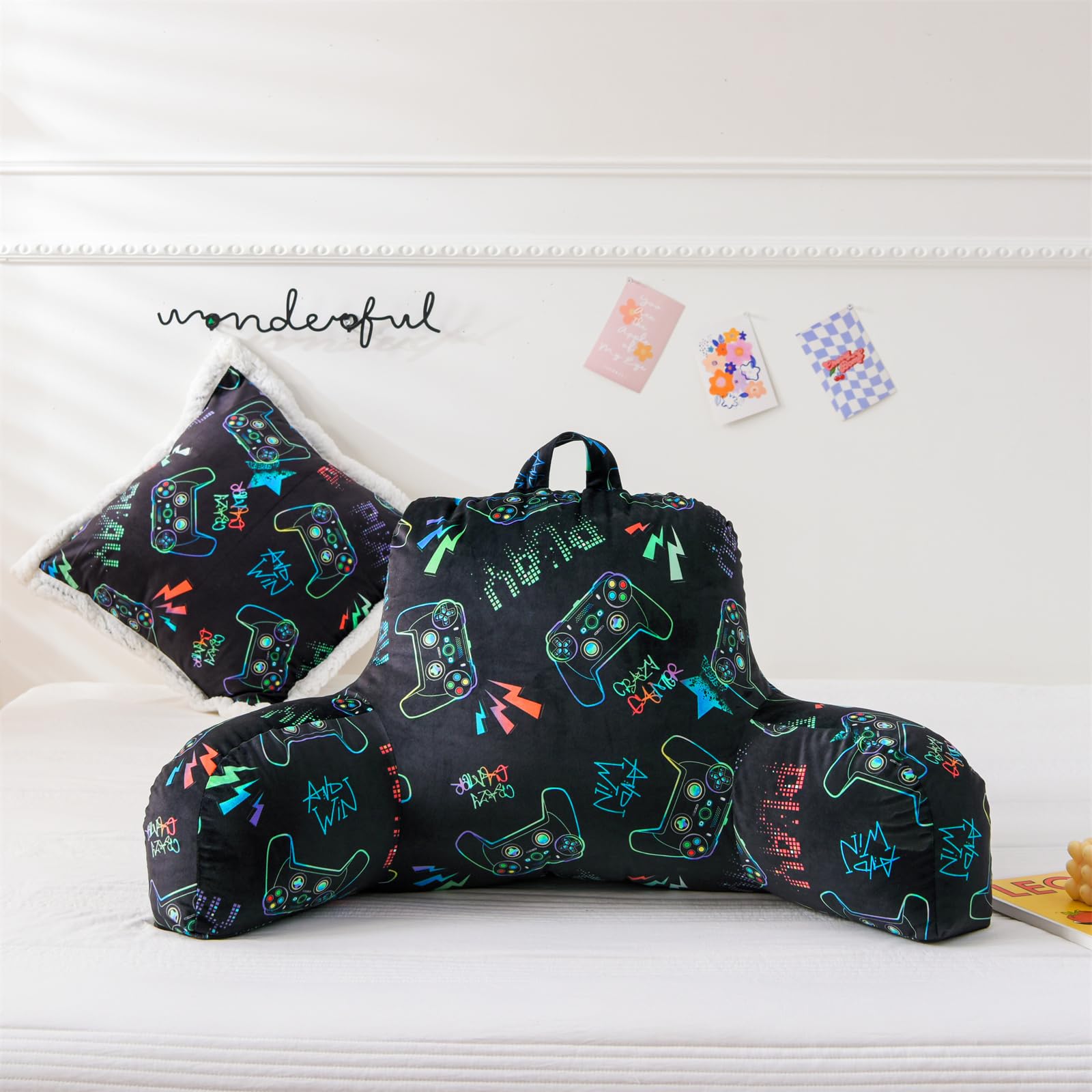 Aimuan Kids Gaming Backrest Pillow - Ergonomic Wedge Support for Reading, Watching TV, and Sitting Up in Bed - Comfortable Armrest Cushion with Back Support - Perfect for Gaming, Relaxing & Sleep (Black-Gamer Style) - Ideal for Bedroom, Dorm, or Living Room Use