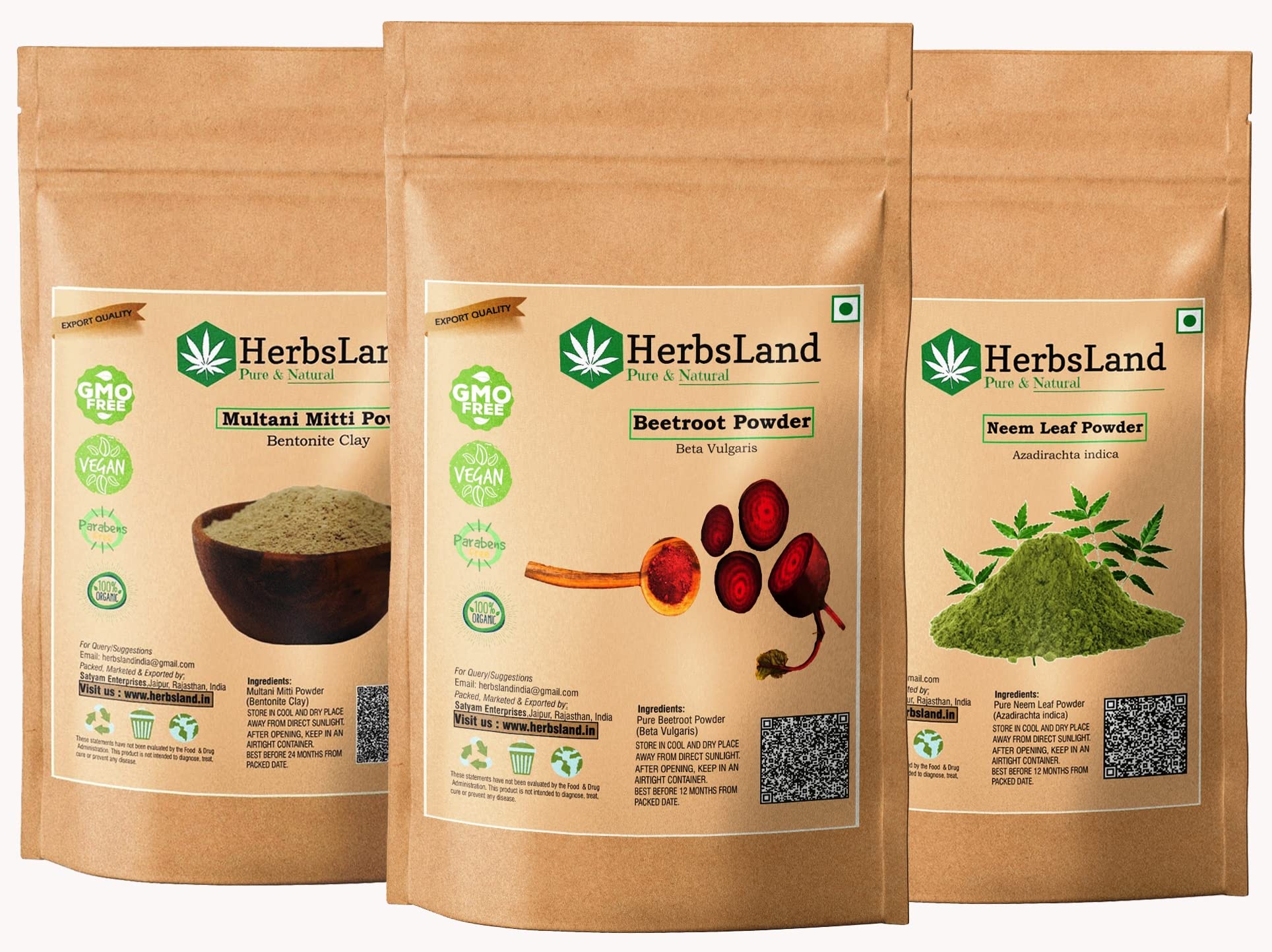 HerbsLand® 100% Natural Beetroot Powder (Beta Vulgaris) - Superfood for Detox & Energy | Multani Mitti Clay & Neem Leaf Powder for Glowing Skin - 100g Each | Perfect for Smoothies, Face Masks & Natural Skincare Routine