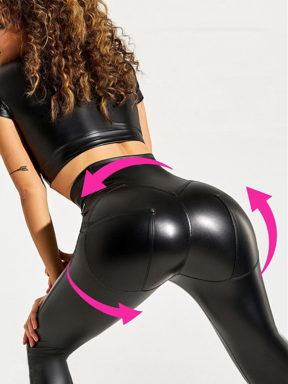 ZASUWA Women's High Waist PU Leather Leggings - Tummy Control Workout Pants for Yoga, Running & Gym