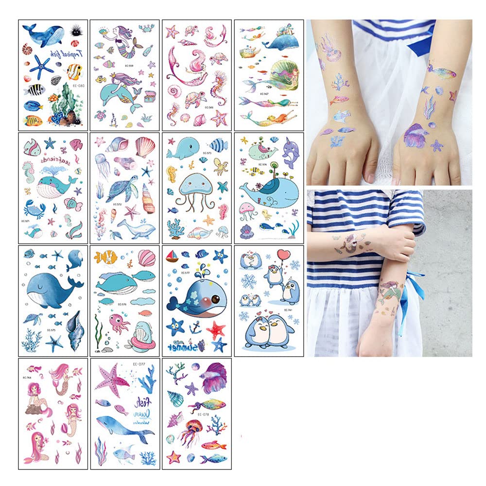 15 Sheets Sea Life Temporary Tattoos for Kids - Waterproof Cartoon Animal Tattoo Stickers for Birthday Parties, Beach Vacations & Summer Festivals - Perfect Party Favors & Gift Bag Fillers