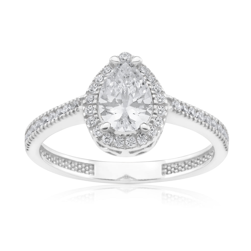 9ct White Gold Zirconia Pear Shaped Halo Ring - Elegant Engagement & Wedding Jewelry for Women - Perfect for Proposals, Anniversaries & Special Occasions
