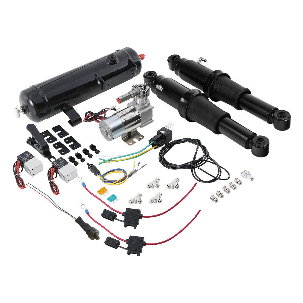 XMT-MOTO Motorcycle Rear Air Ride Suspension System with Air Tank - Compatible with Harley Davidson Touring Bagger Models 1994-2020 - Perfect for Custom Bike Builds and Long-Distance Rides