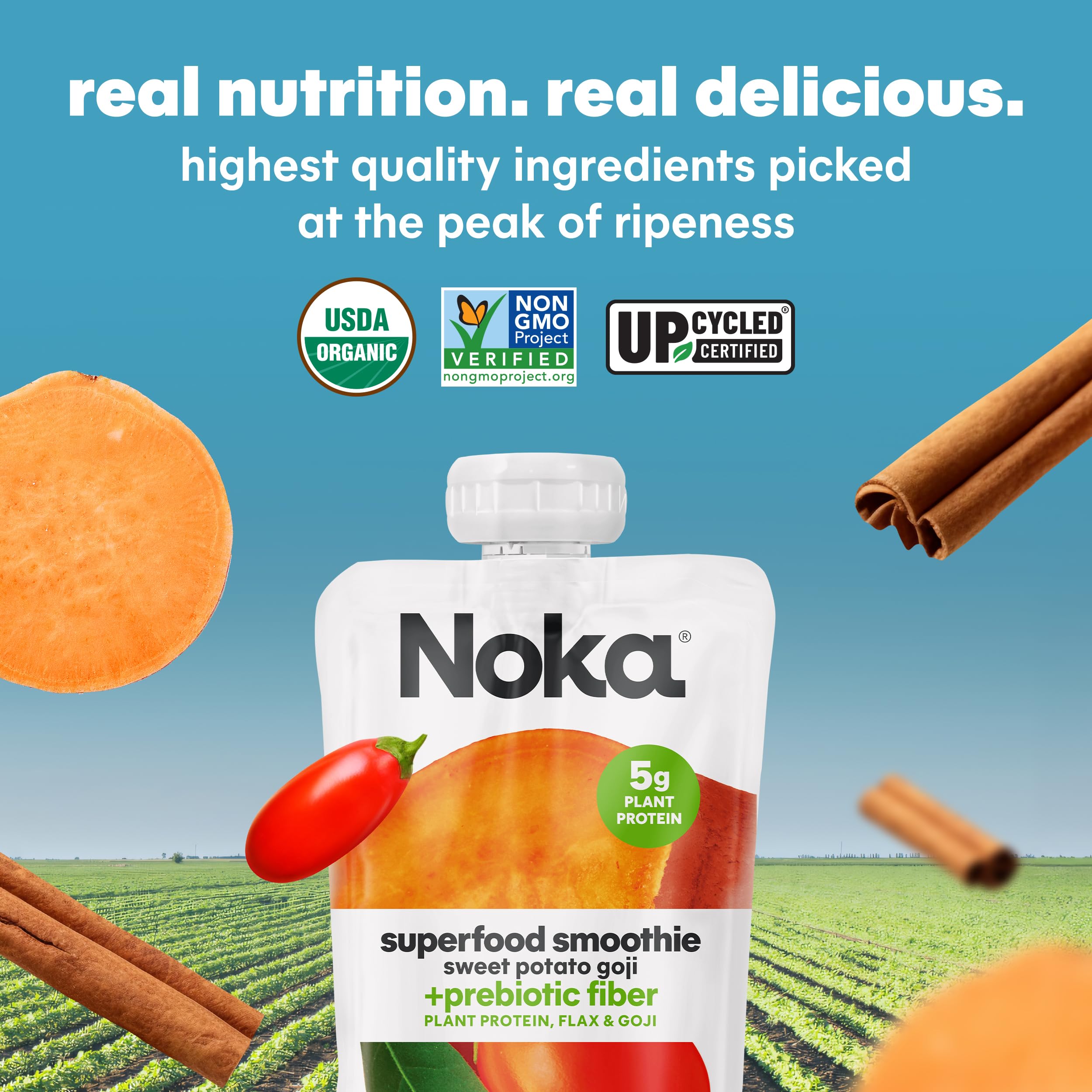 Organic Noka Superfood Fruit Smoothie Pouches - Sweet Potato Goji with Flax Seed, Plant Protein & Prebiotic Fiber | Vegan, Gluten-Free Healthy Snacks | 4.22 oz (6 Count) | Perfect for On-the-Go Nutrition, Kids Lunchboxes & Post-Workout Recovery