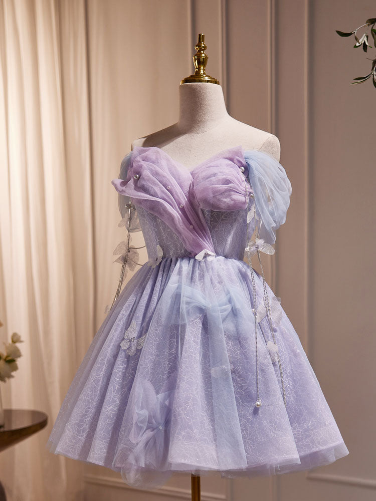 Elegant Purple Off-Shoulder Tulle Short Prom Dress for Homecoming - Perfect for Parties, Dances & Special Occasions