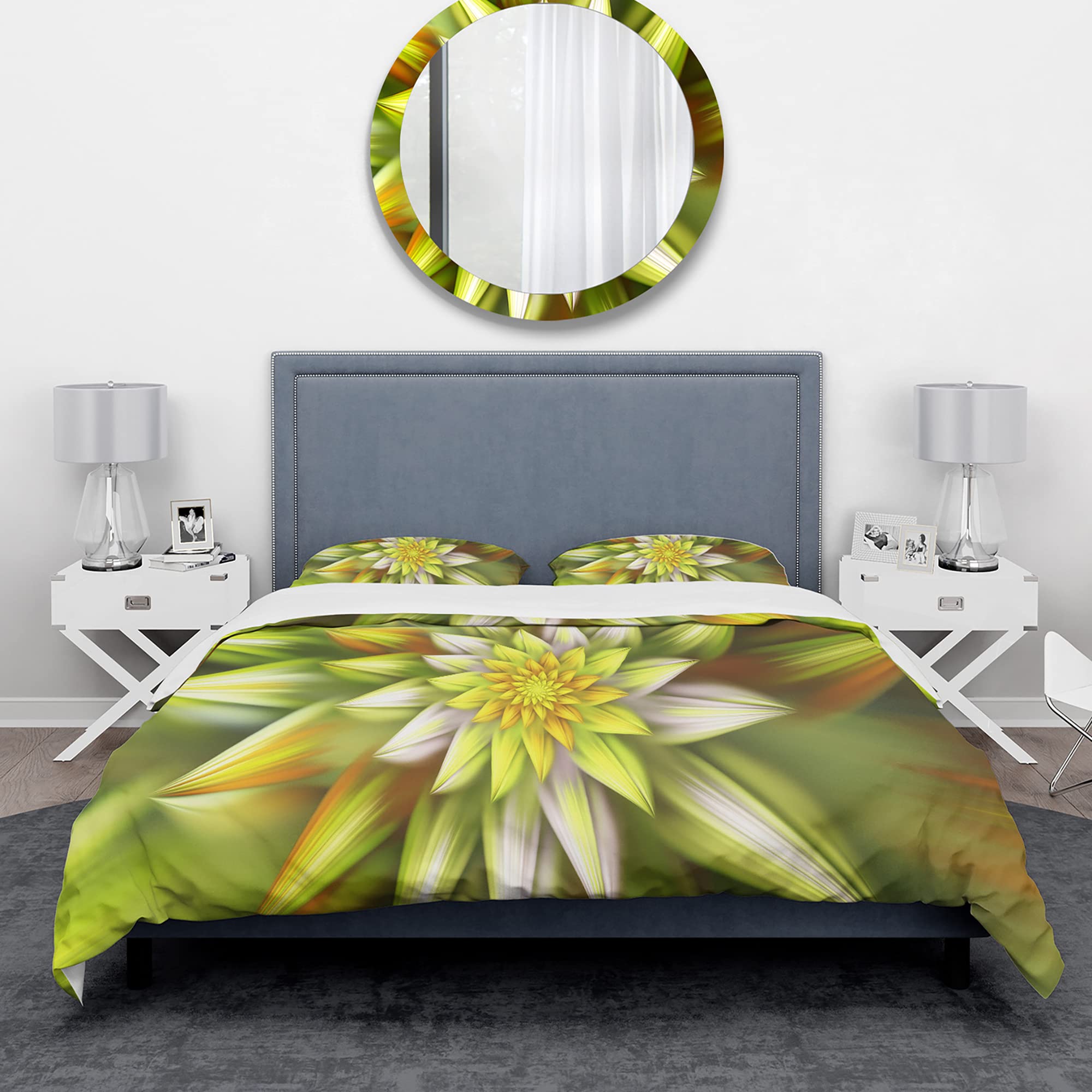 Yellow Fractal Flower Duvet Cover Set King - Modern Floral Bedding for All Seasons