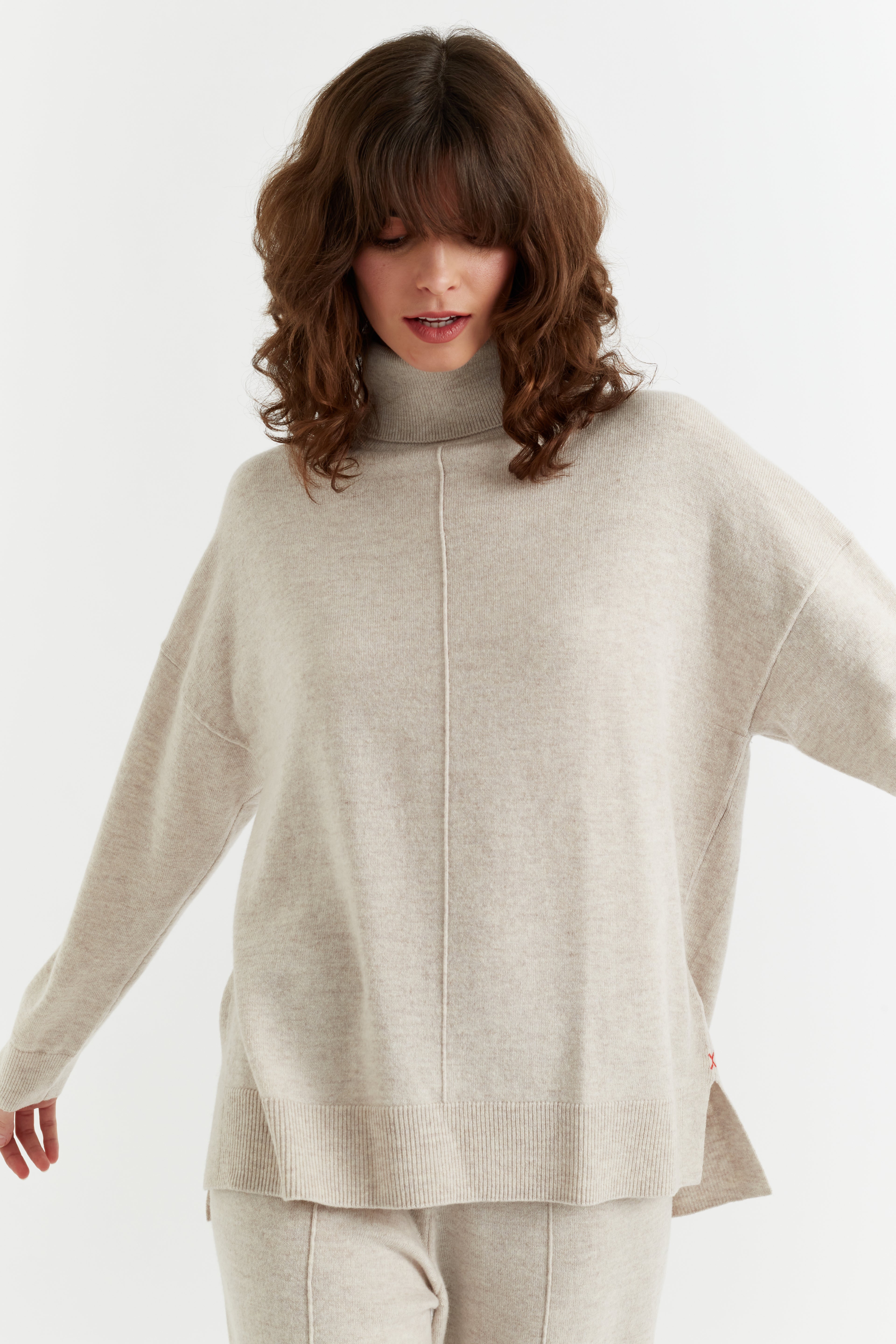 Light Oatmeal Wool Cashmere Rollneck Sweater for Women - Soft Winter Knit Pullover for Office & Casual Wear