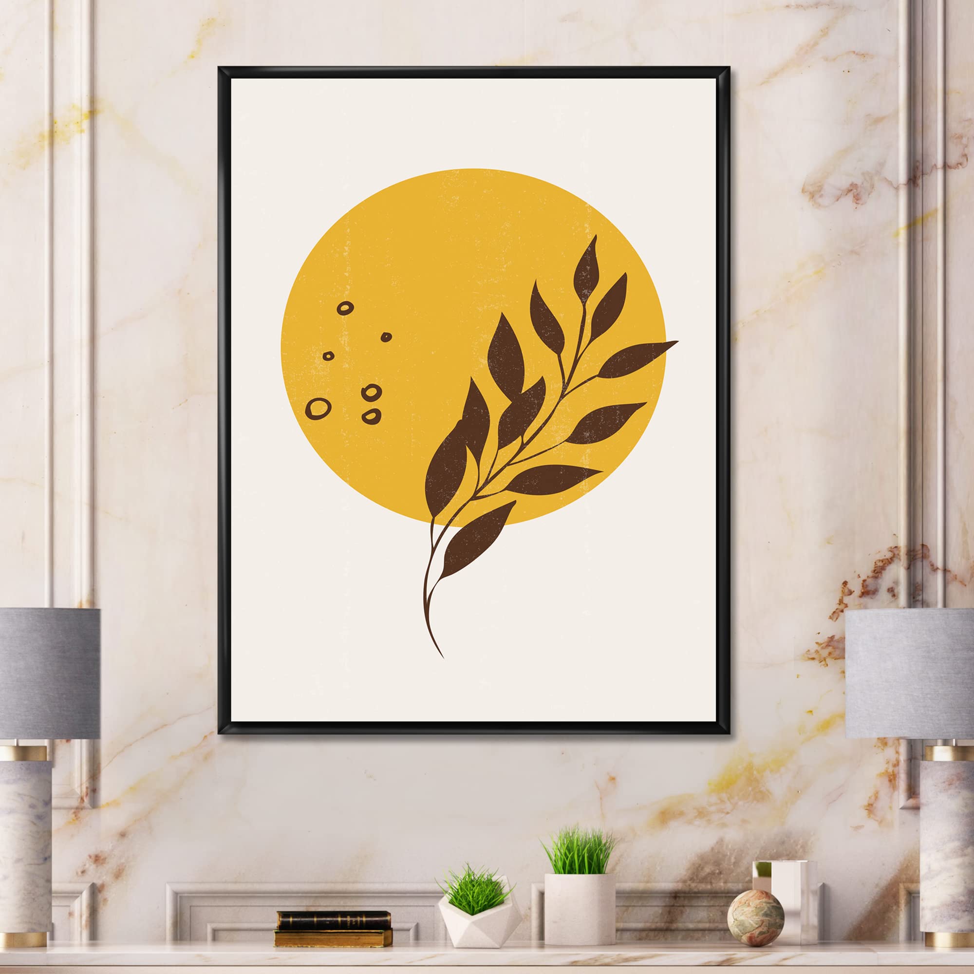 Abstract Yellow Sun and Moon Tropical Leaf Canvas Wall Art - Modern Framed Print for Living Room, Bedroom & Office Decor