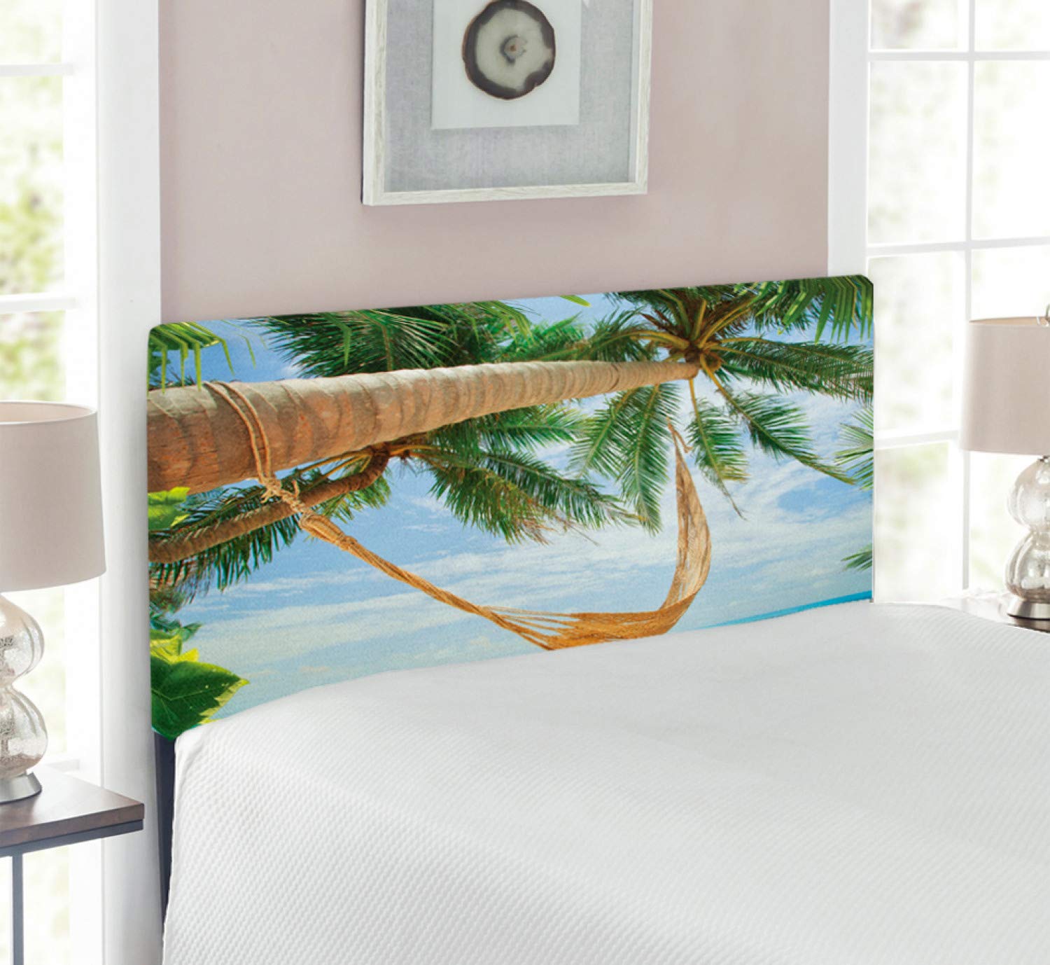 Ambesonne Beach Themed Headboard - Twin Size Upholstered Metal Bed Headboard with Memory Foam | Tropical Ocean View Print in Green, Cream & Blue | Perfect for Coastal, Boho & Vacation Home Bedroom Decor