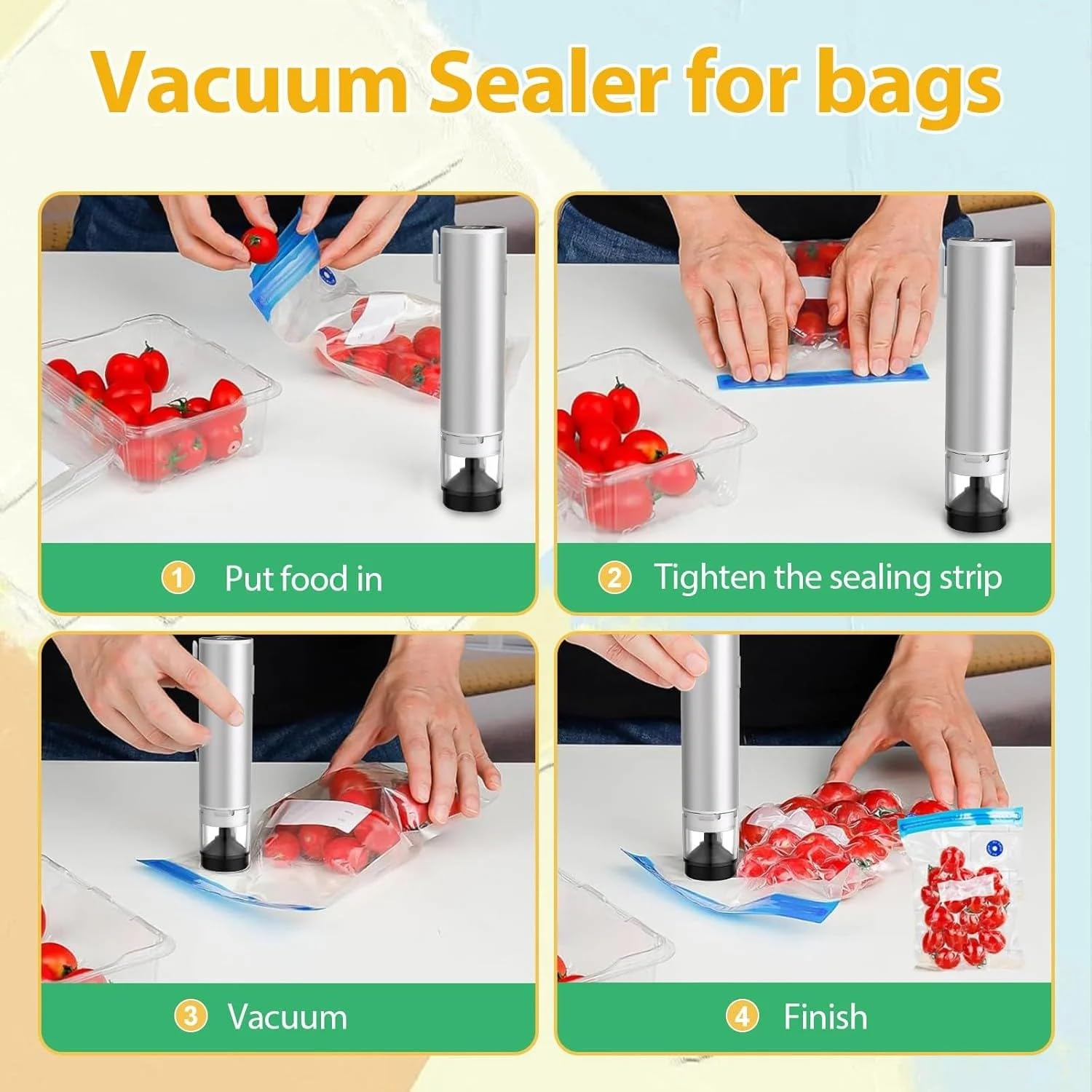 Portable Cordless Handheld Vacuum Sealer for Food Preservation - Includes 10 Reusable Zipper Bags, Dry & Moist Modes, Mason Jar Sealer & Inflation Needle (1 Pump + 10 Bags) - Perfect for Kitchen, Camping & Meal Prep