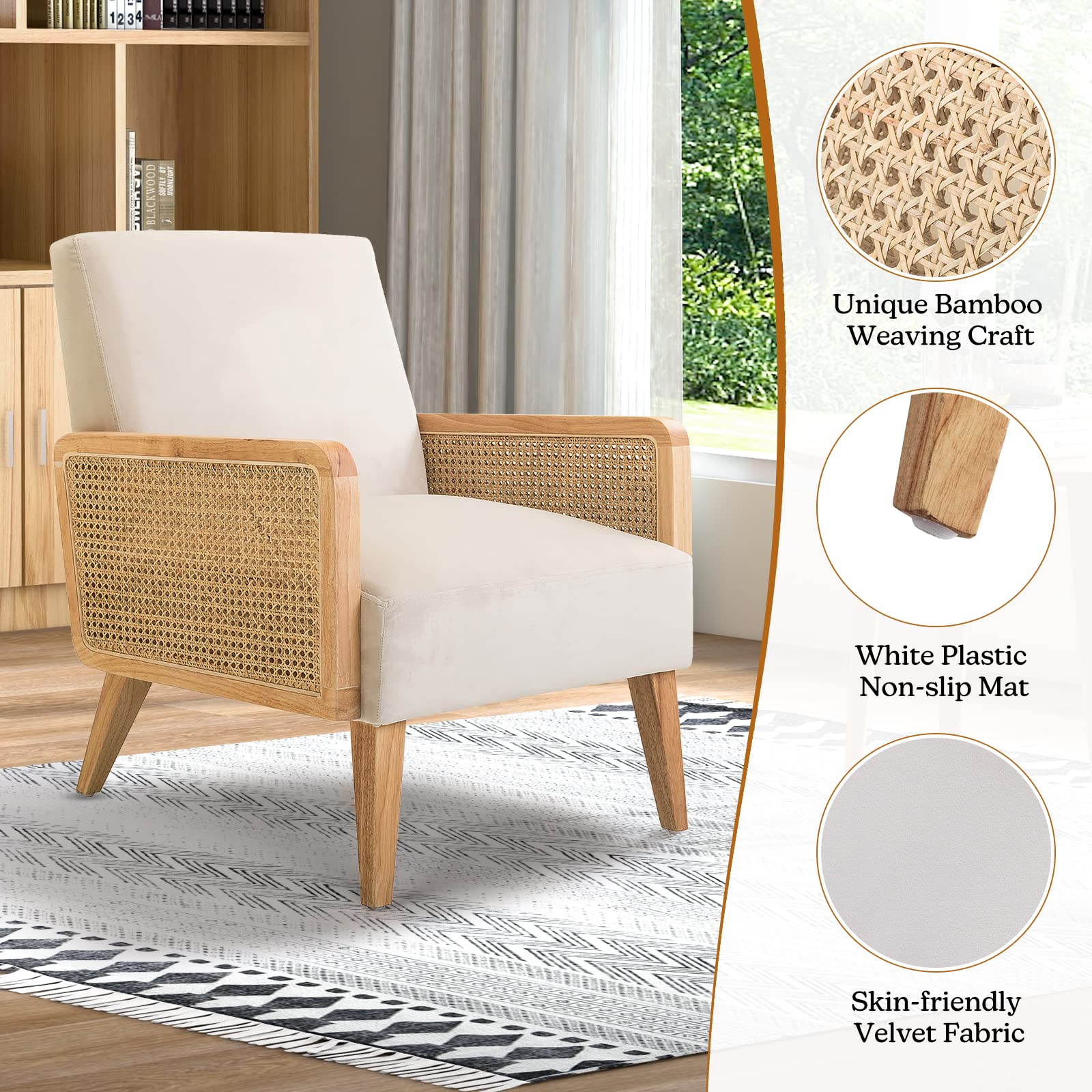 Mid Century Modern Accent Chair with Rattan Armrest & Wood Legs - Comfy Upholstered Lounge Armchair for Living Room, Bedroom, Reading Nook - Beige Home Decor | Perfect for Hosting Guests & Relaxing