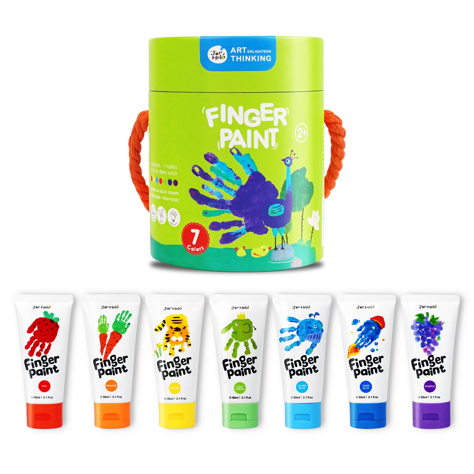 Jar Melo Washable Non-Toxic Finger Paints for Toddlers - 7 Vibrant Colors (2.1 fl oz) | Safe Hand & Foot Art Supplies for Kids Age 2+ | Perfect for Preschool Learning, Sensory Play & Creative Gift Giving