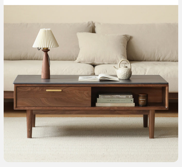 Solid Black Walnut Wood Storage Coffee Table with Rock Plate - Rustic Living Room Furniture for Home Decor & Organization
