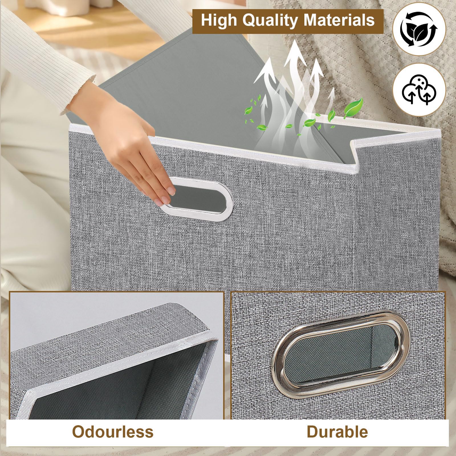 Yawinhe 5-Pack Storage Bins with Lids & Metal Handles - 15''L x 9.8''W x 9.8''H Waterproof Organizer Baskets for Closet, Home & Office Organization (Gray)