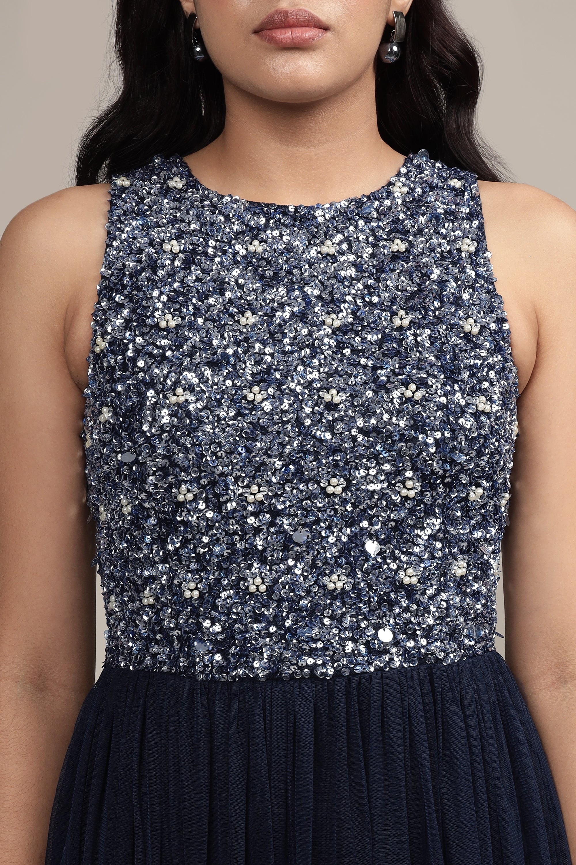 Picasso Embellished Maxi Dress - Navy Blue Pearl Bead Evening Gown for Women | Elegant Formal Wear for Weddings, Galas & Special Occasions