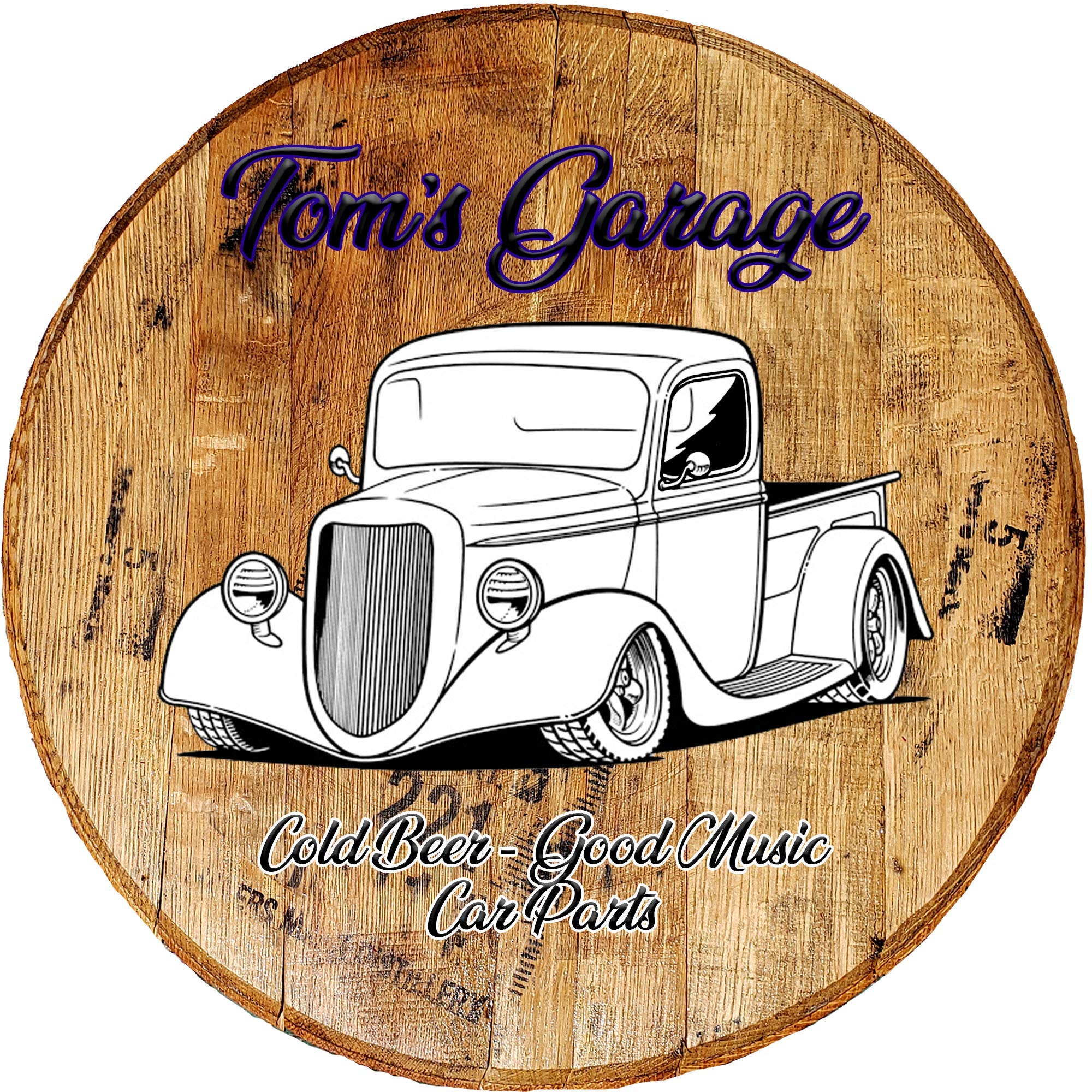Personalized Whiskey Barrel Lid Wall Art - Rustic Home Decor for Man Cave, Garage, Bar & Pub - Custom Wood Sign with Hotrod Truck, Beer & Music Theme - Perfect Gift for Whiskey Lovers & DIY Enthusiasts | Great for Home, Office, or Restaurant Decor