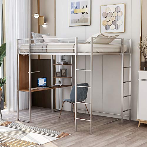 Full Size Metal Loft Bed with 2 Ladders & Built-in Desk, Sturdy Guardrail - Space Saving Bed Frame for Small Rooms, Dorm or Apartment - No Box Spring Needed (Silver) - Perfect for Teens, College Students & Compact Living Spaces