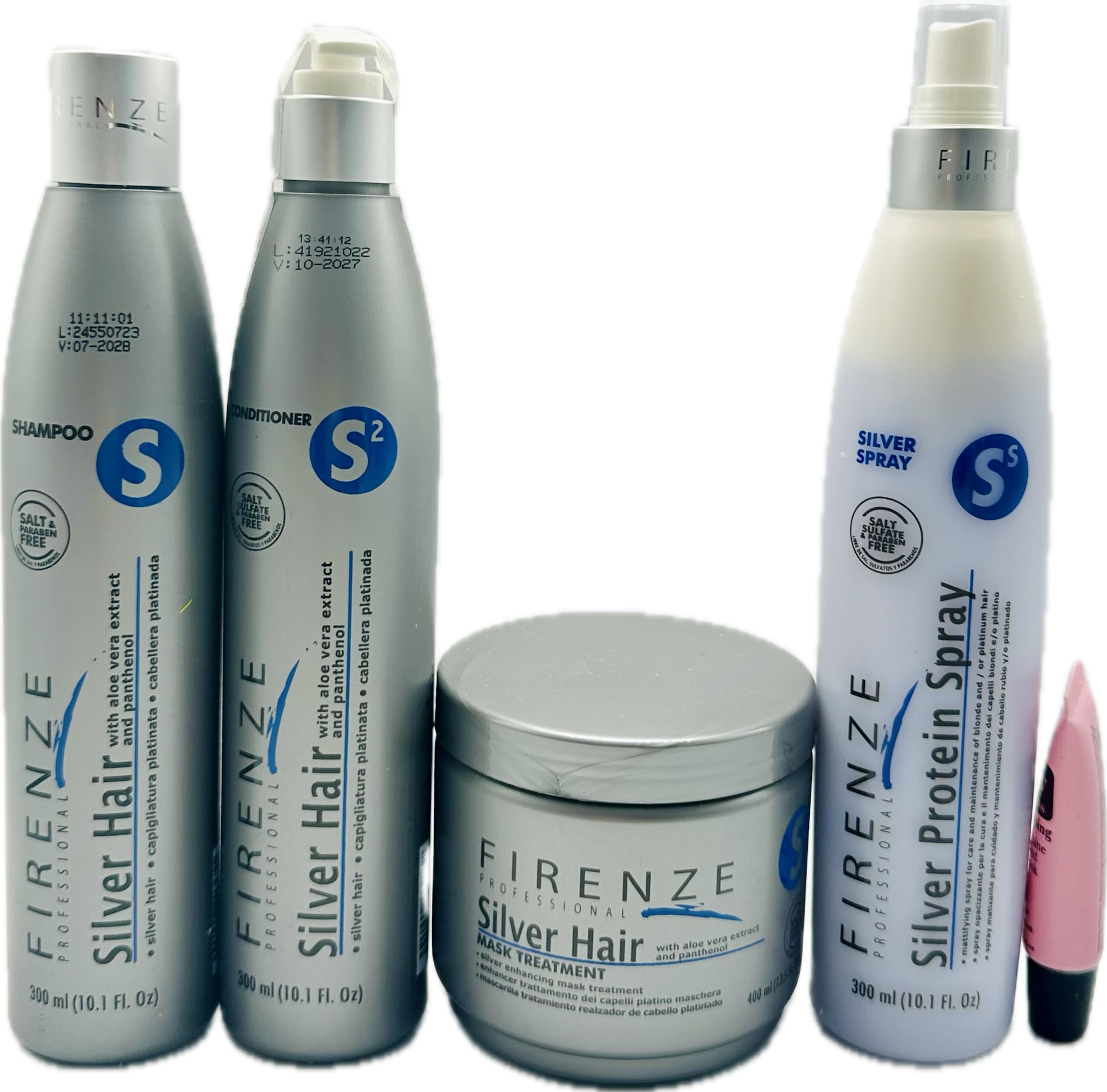 Silver Hair Care Set - Shampoo 10.1 oz, Conditioner 10.1 oz, Hair Mask Treatment 13.5 oz + Protein Spray 10.1 fl oz with Free Lip Gloss 10ml | For Gray & Blonde Hair Maintenance | Salon-Quality At-Home Treatment for Shine & Color Protection