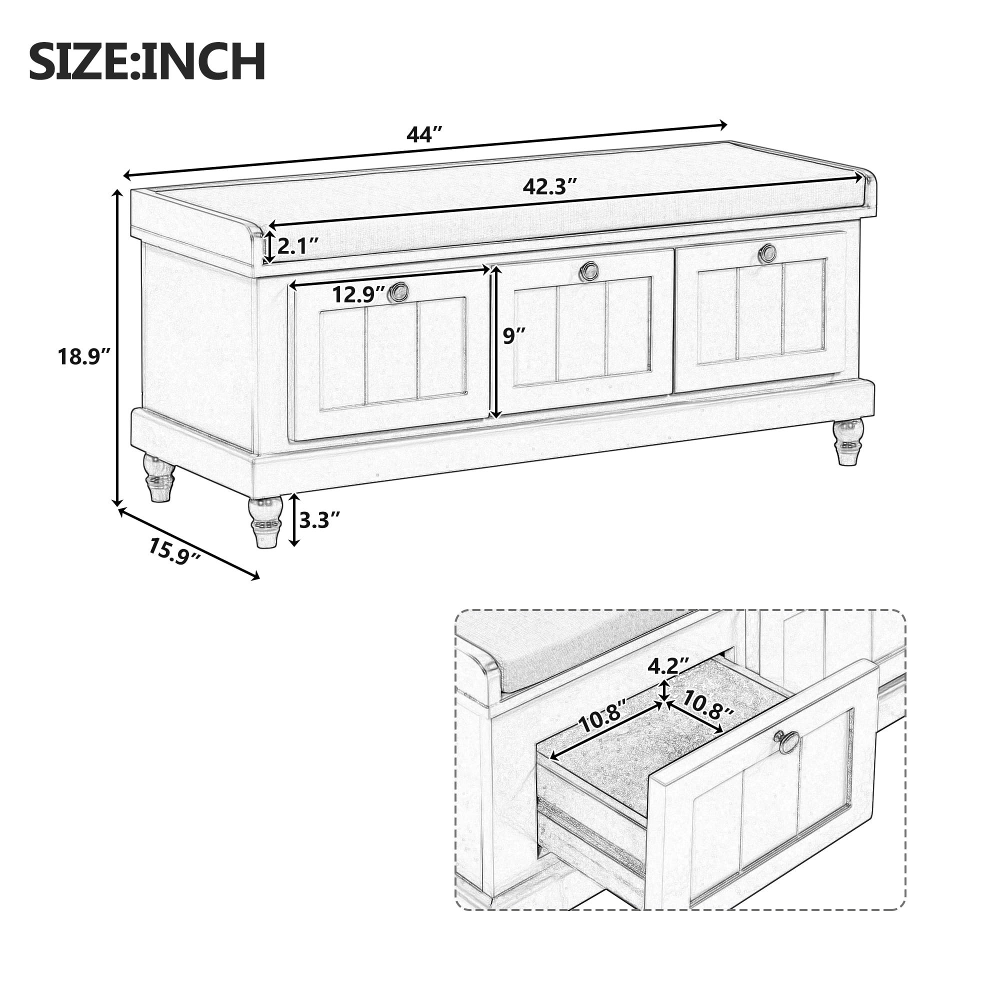 Farmhouse Storage Bench with 3 Drawers - Wooden Entryway Shoe Bench with Cushion for Living Room & Hallway Storage