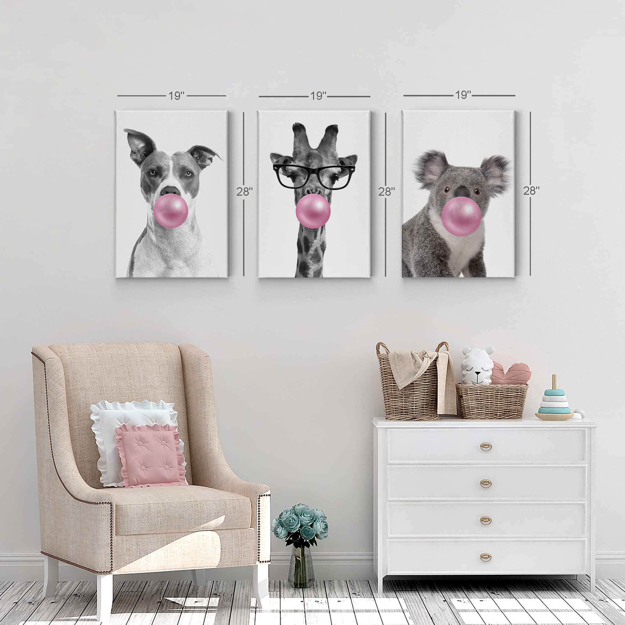 Smile Art Design Dog Giraffe Koala Animal Bubble Gum Canvas Print Set - Pink Black White Wall Art for Nursery, Baby Room, Kids Room Decor - 3 Panel Ready to Hang Made in USA (22x15 inches) - Perfect for Children's Bedrooms, Playrooms & Gift Ideas
