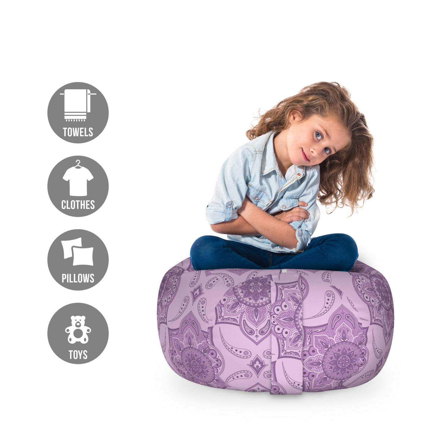 Ambesonne Oriental Toy Storage Bag Chair - Monochrome Folkloric Design Stuffed Animal Organizer, Washable Small Size in Pastel Purple Mauve | Perfect for Kids' Room, Nursery, and Playroom Organization