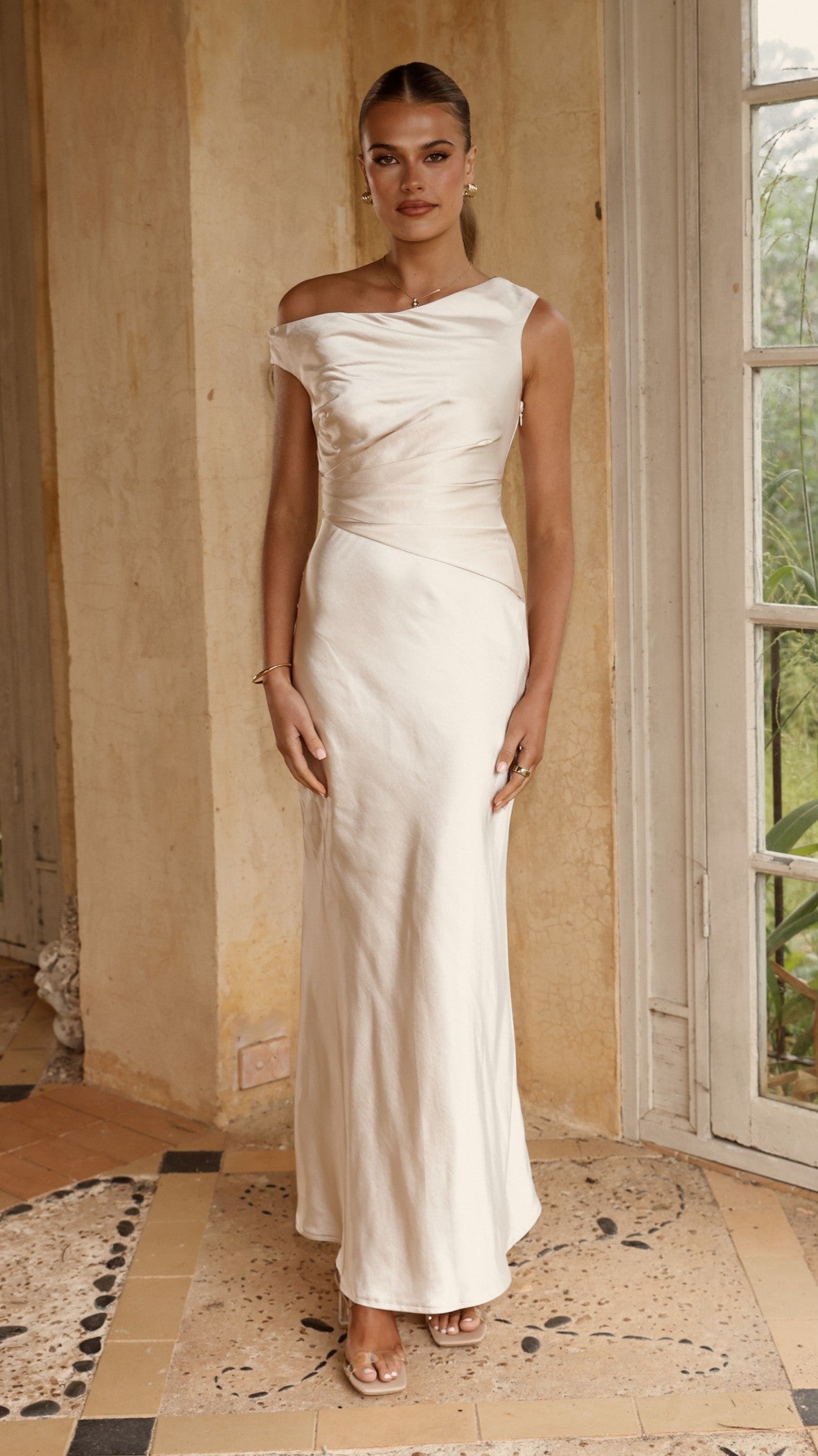 Auria Off Shoulder Maxi Dress in Champagne - Elegant Summer Beach Wedding Guest Dress for Women