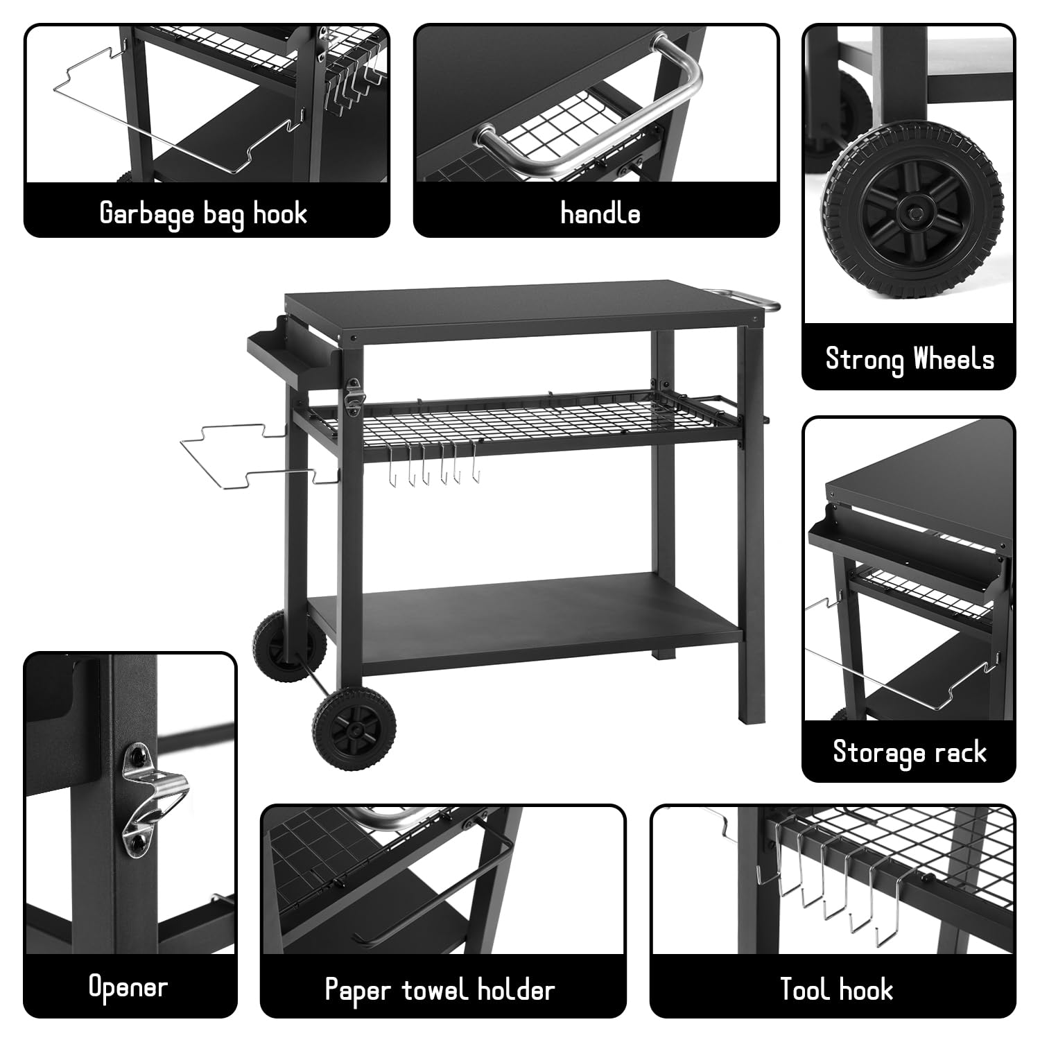 3-Tier Rolling Kitchen Cart - Portable Outdoor BBQ Grill Table with Pizza Oven Stand & Hooks - Multi-Functional Food Prep Station for Indoor/Outdoor Use - Perfect for Patio Cooking, Backyard Parties & Small Space Kitchens (Black)