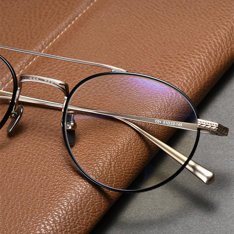 Unisex Black Titanium Full Rim Round Double Bridge Eyeglasses N020 - Stylish & Durable for Work, Reading & Fashion