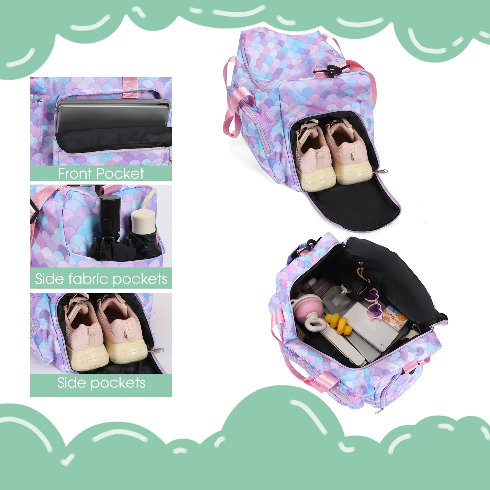 Mermaid Purple Kids Duffle Bag for Girls - Waterproof Travel Overnight Bag with Shoes Compartment | Perfect for Dance Class, Sleepovers & Weekend Getaways