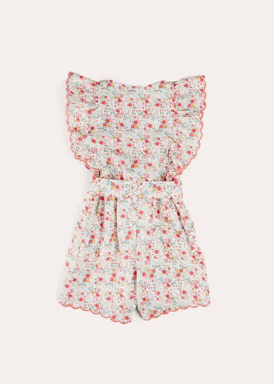 Louisa Floral Ruffle Detail Pink Playsuit for Girls 4-12 Years | Summer Romper Jumpsuit for Outdoor Play & Birthday Parties