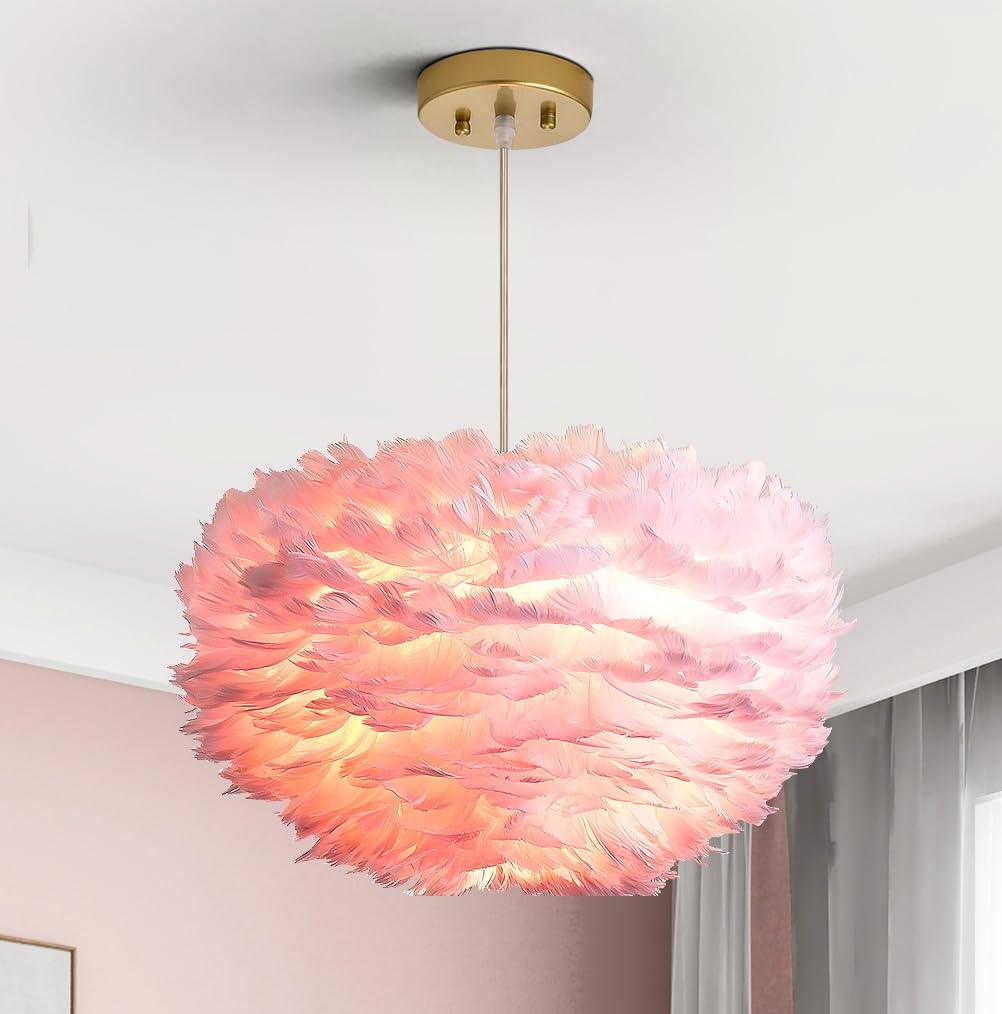 Nordic Feather Chandelier - 3-Light Modern Romantic Ceiling Hanging Lamp with Pink Art Feather Shade, 17.7 Inch for Girls Bedroom, Living Room, Dining Room | Perfect for Boho Chic Decor, Wedding Venues & Cozy Home Lighting