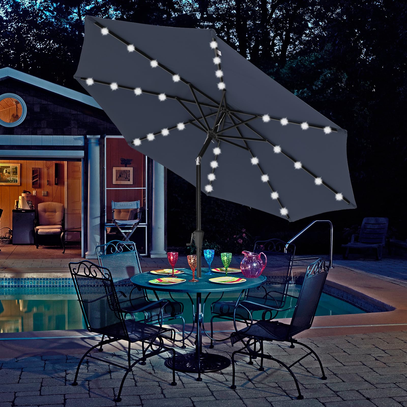 COBANA 9-Foot Solar Powered LED Patio Umbrella with Heavy Duty Base - 32 LED Lights Outdoor Market Umbrella for Garden, Poolside, Restaurant & Backyard Dining