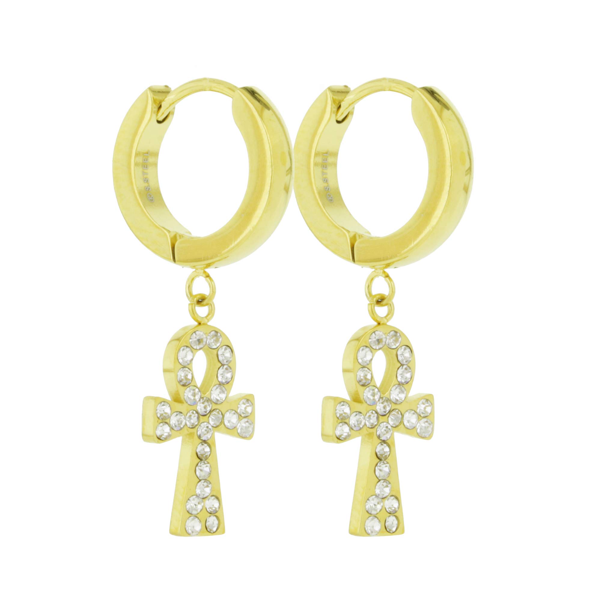 2 Pairs Unisex Stainless Steel CZ Egyptian ANKH Cross Dangle Hoop Earrings - Small Bling Drop Hinged Earrings (Silver/Gold/Black) for Everyday Wear, Gift Giving & Boho Fashion
