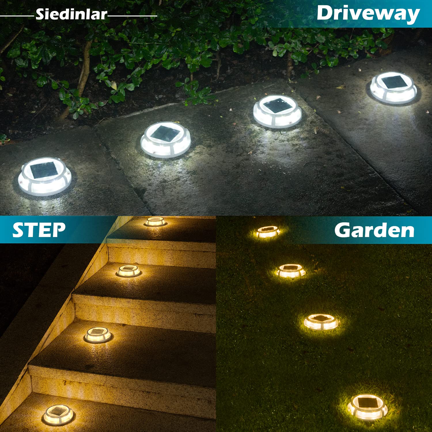 SIEDiNLAR Solar Deck Lights Outdoor - 16 LED Solar Powered Waterproof Pathway Lights with 2 Modes (Cool White/Warm White) - 4 Pack for Driveway, Garden, Walkway, Stairs, Yard & Dock Lighting