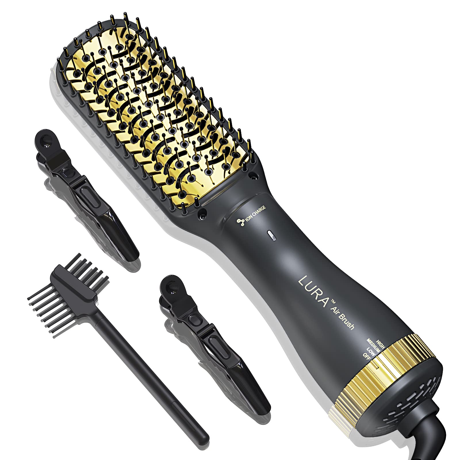 LURA Ionic Blow Dryer Brush for Black Women - 24k Gold Hair Dryer Brush & Styler for Natural Hair | Fast Drying, Frizz Control & Shine Enhancement | Perfect for Salon-Quality Styling at Home