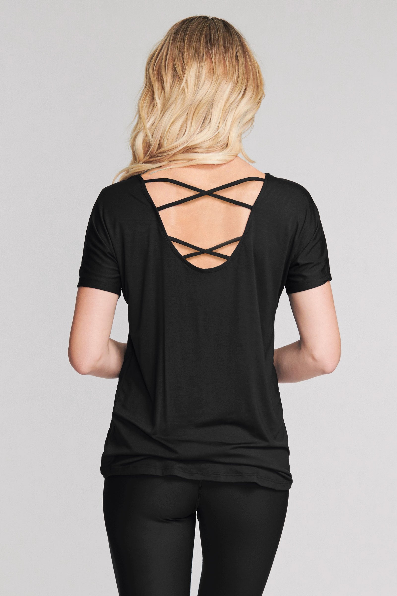 Ultra Soft Scoop Back Lattice Dolman Tee - Solid Black Women's T-Shirt | Comfortable Stretch Fabric for Casual Wear & Everyday Outfits