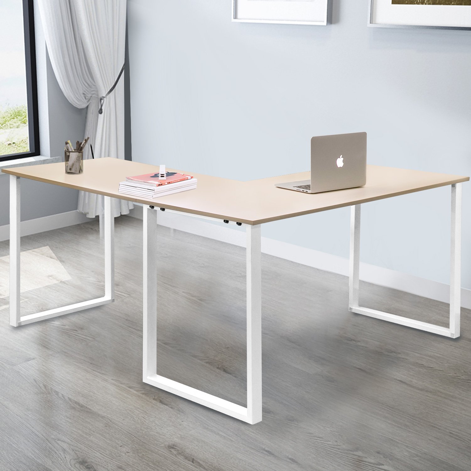 L-Shaped Computer Desk Corner Workstation - Home Office PC Laptop Study Table with Storage Shelf, Ergonomic Writing Desk (Oak Finish) for Small Spaces & Gaming Setup