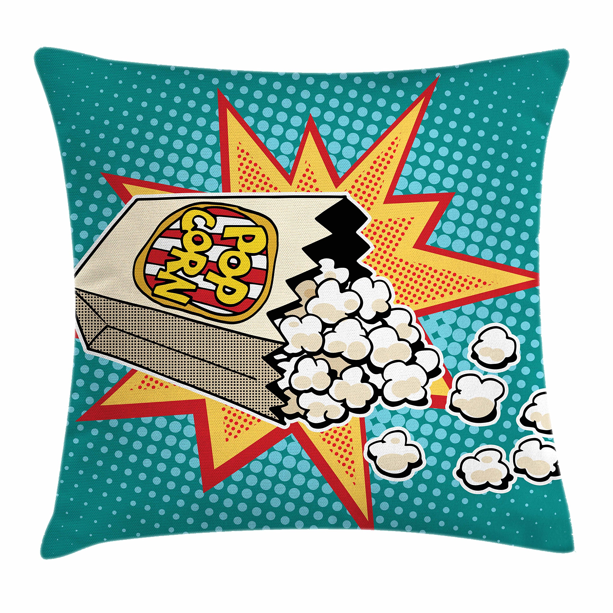 Ambesonne Retro Popcorn Movie Theater Throw Pillow Cover 16x16 Inch - Halftone Background Cinema Snacks Design, Decorative Square Accent Cushion Case for Sofa, Bed, Home Theater Decor - Multicolor