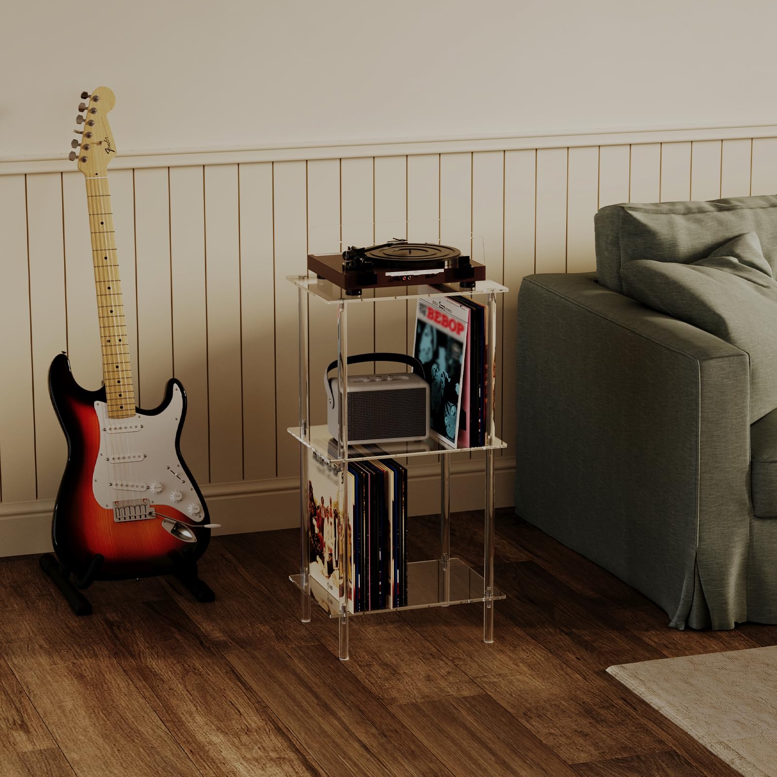 HMYHUM 3-Tier Acrylic Record Player Stand with Vinyl Storage - Modern Turntable Side Table/End Table for Living Room & Bedroom - 15.7