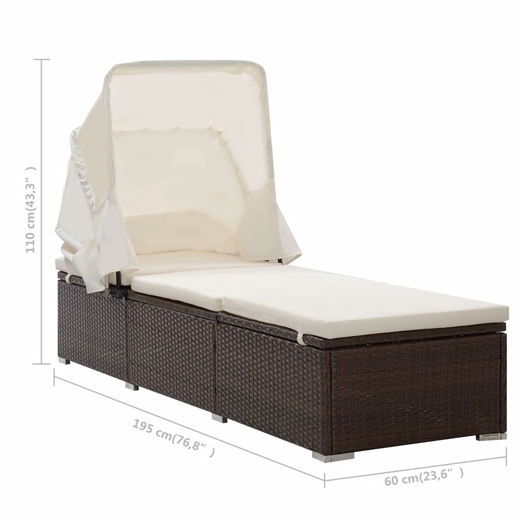 Outdoor Patio Furniture Sunbed - Rattan Sun Lounger with Canopy & Cushion, Brown - Fast Shipping | Perfect for Poolside Relaxation, Garden Lounging & Backyard Sunbathing