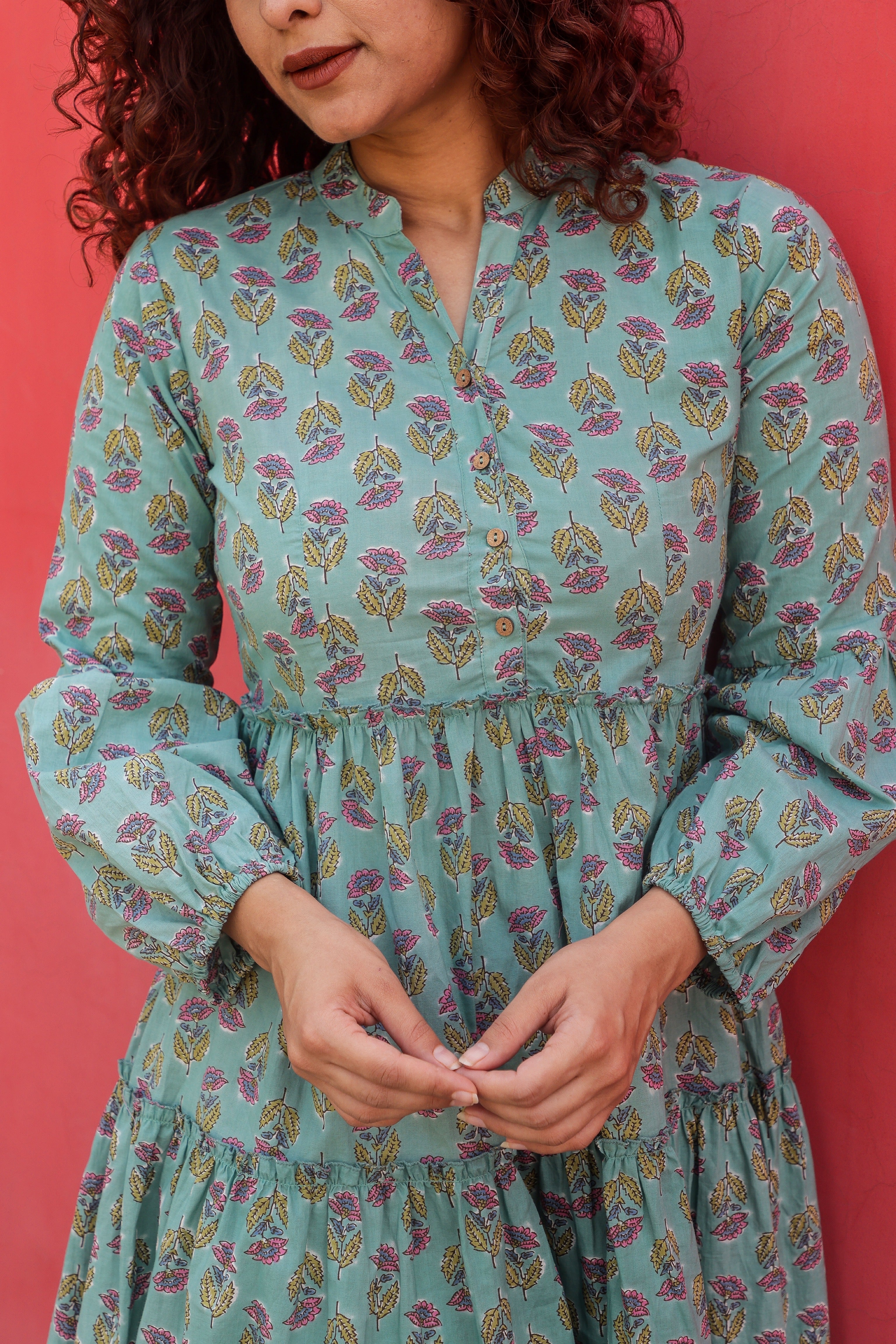 Stylish Teal Block Print Floral Cotton Maxi Dress for Women | Boho Summer Beach Dress | Perfect for Vacations, Parties & Casual Outings