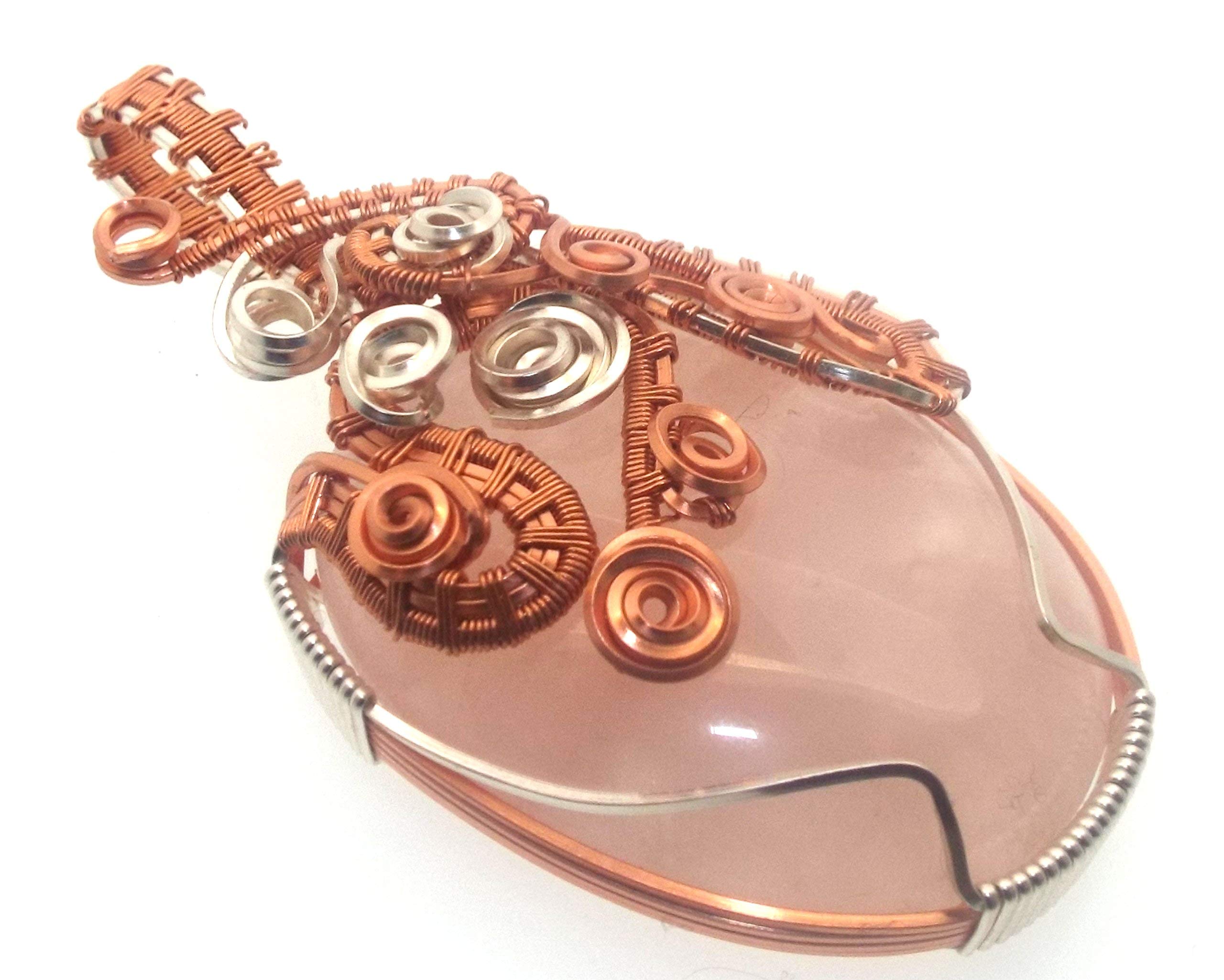 Rose Quartz Gemstone Pendant with Copper & Silver Plated Wire Weave - Elegant Necklace for Healing, Meditation & Spiritual Jewelry Gifts
