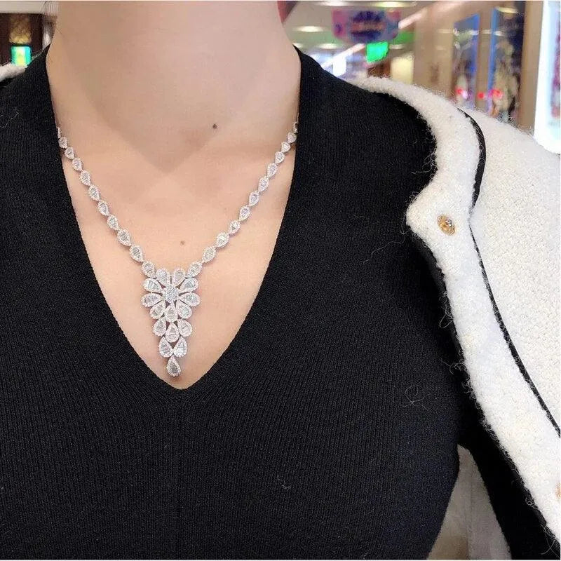 18K Solid White Gold Jewelry Set with Real Natural Diamonds - Luxury Necklace, Earrings & Bracelet for Women | Perfect Gift for Senior Party, Anniversary & Special Occasions