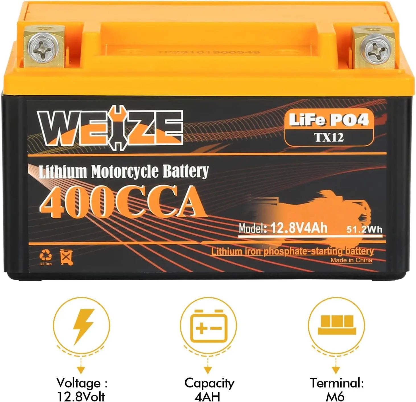 WEIZE 12V 4AH 400CCA LiFePO4 Lithium Motorcycle Battery - Lightweight & Long-Lasting Power for Harley, Honda, Yamaha & More - Perfect for Cruisers, Sport Bikes & Off-Road Adventures