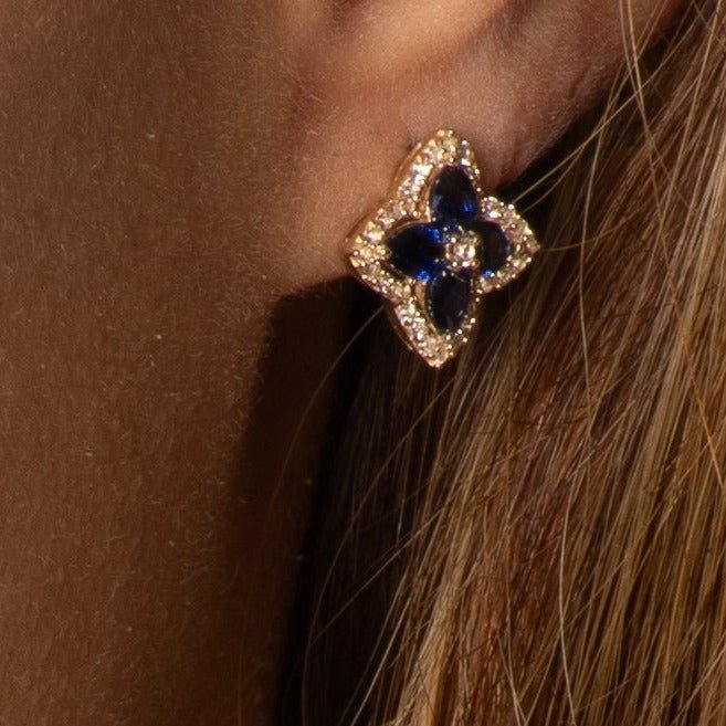 10k Yellow Gold Blue Sapphire Clover Stud Earrings with White Sapphire Halo - Elegant Irish Jewelry for Women, Perfect for St. Patrick's Day Gifts, Anniversary & Birthday Presents
