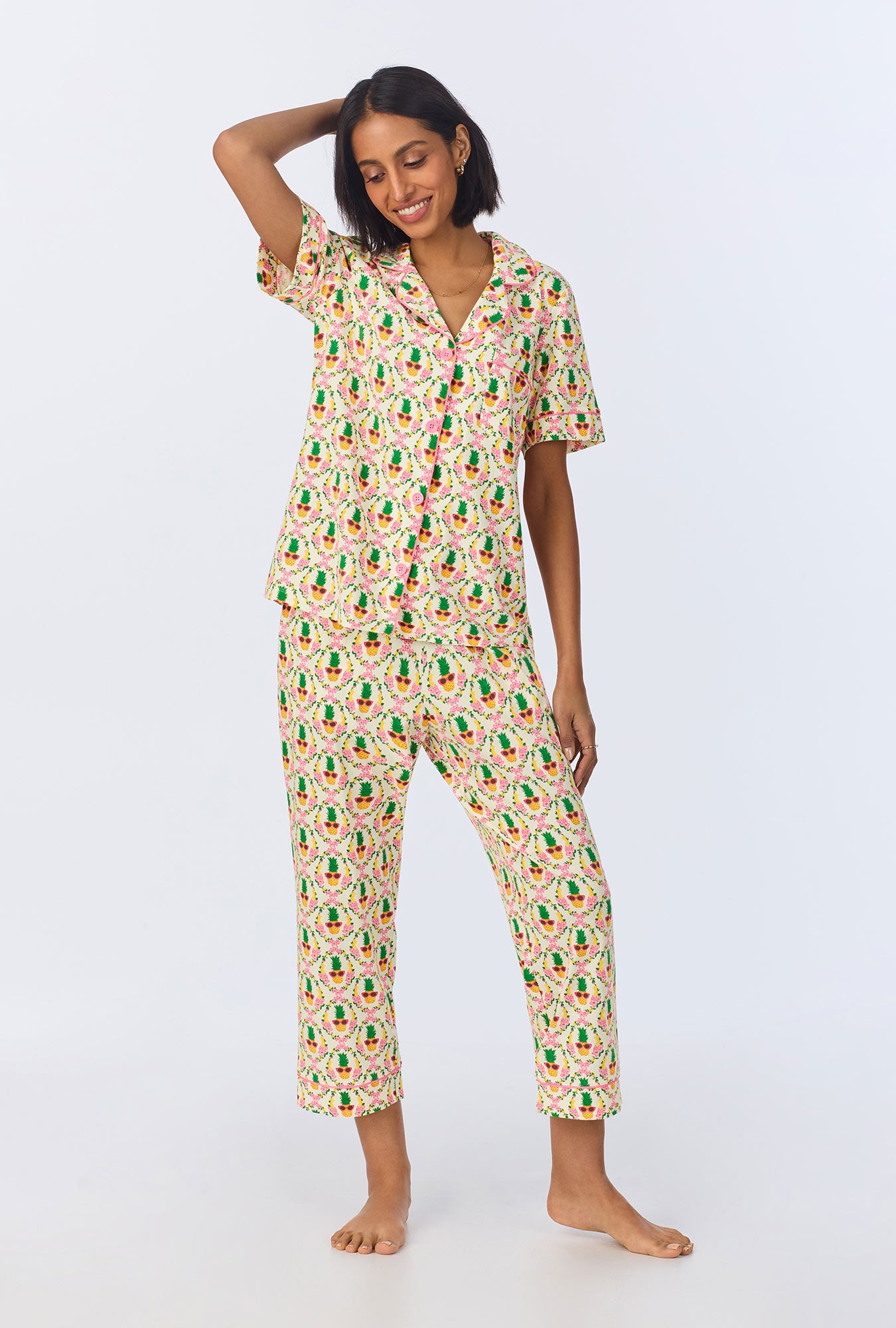 Pinacoolada Short Sleeve Classic Stretch Jersey Cropped Pajama Set for Women - Soft & Comfortable Sleepwear for Summer Nights, Lounge Wear at Home