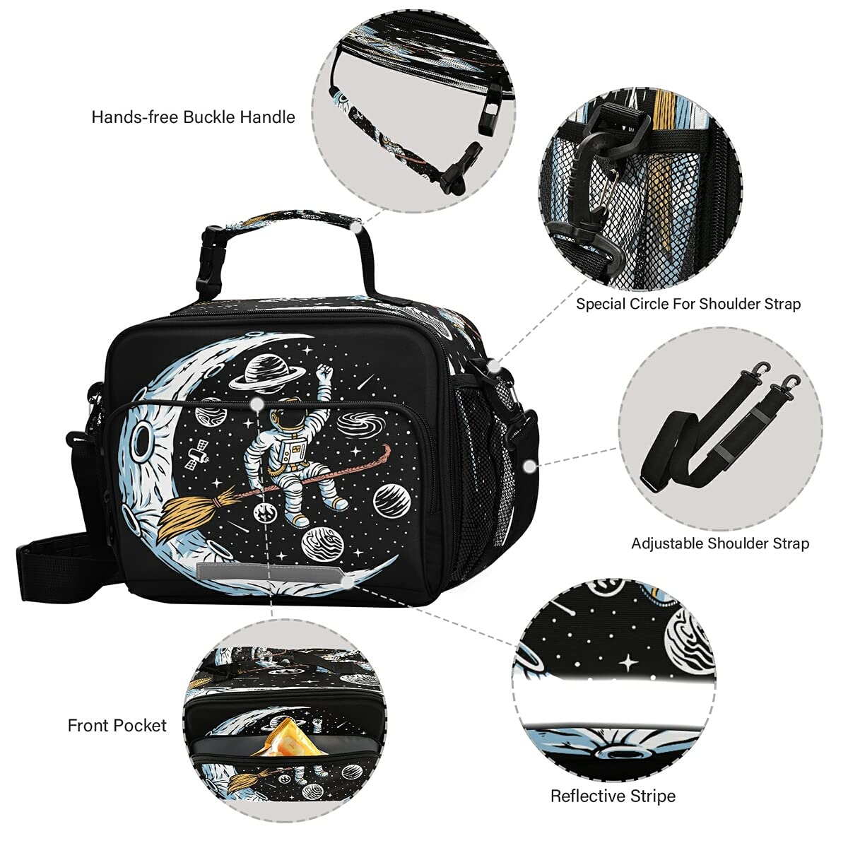 Insulated Lunch Bag with Adjustable Shoulder Strap - Astronaut & Moon Design for Women & Men - Perfect for Work, Office, School & Picnic - Keep Food Fresh & Cool All Day