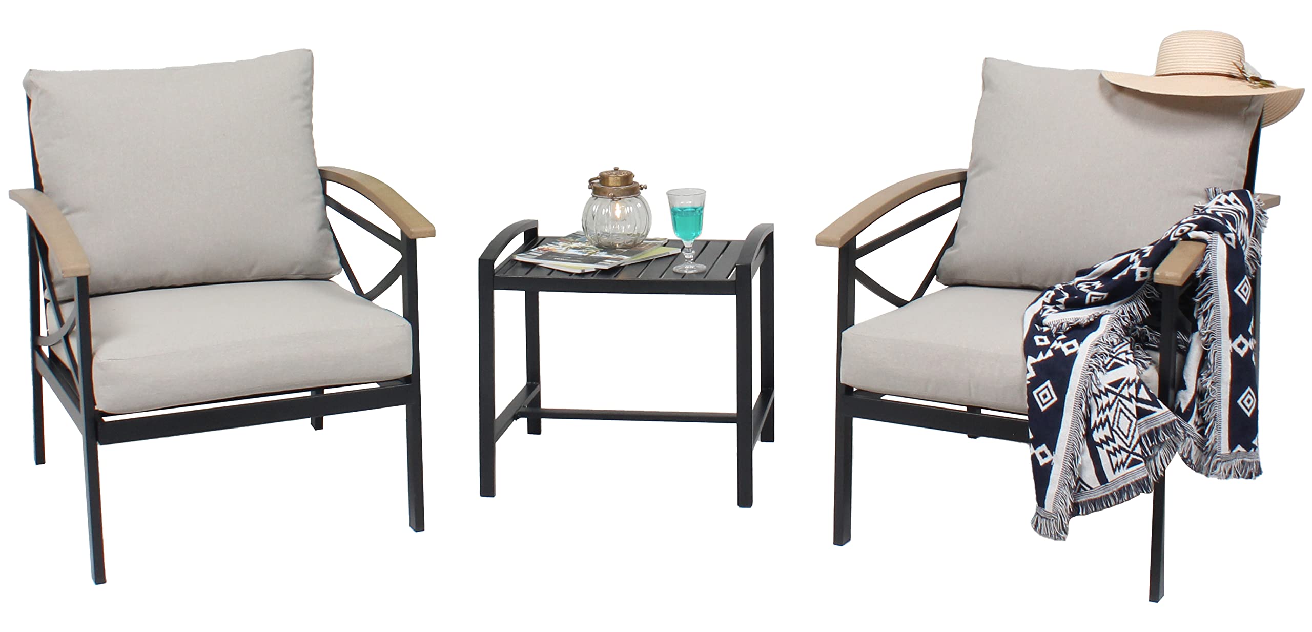 VARVIND 3-Piece Outdoor Patio Furniture Set - All-Weather Wicker Conversation Sofa with Side Table & Cushions - Grey Patio Bistro Set for Garden, Backyard, Lawn, Poolside - Perfect for Relaxing, Entertaining & Outdoor Dining