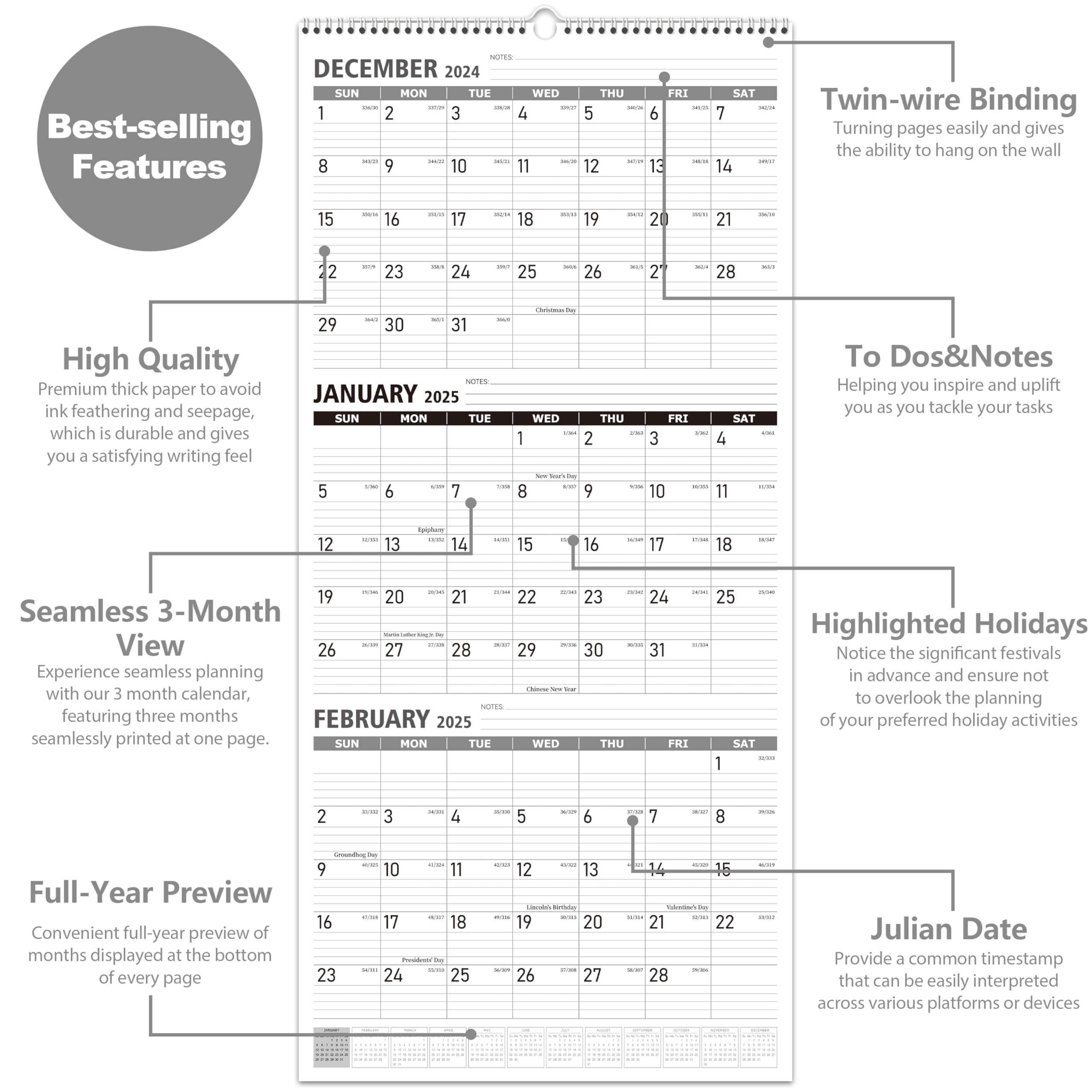 GuassLee 2025 Wall Calendar - 12 Month Vertical Large Planner (26